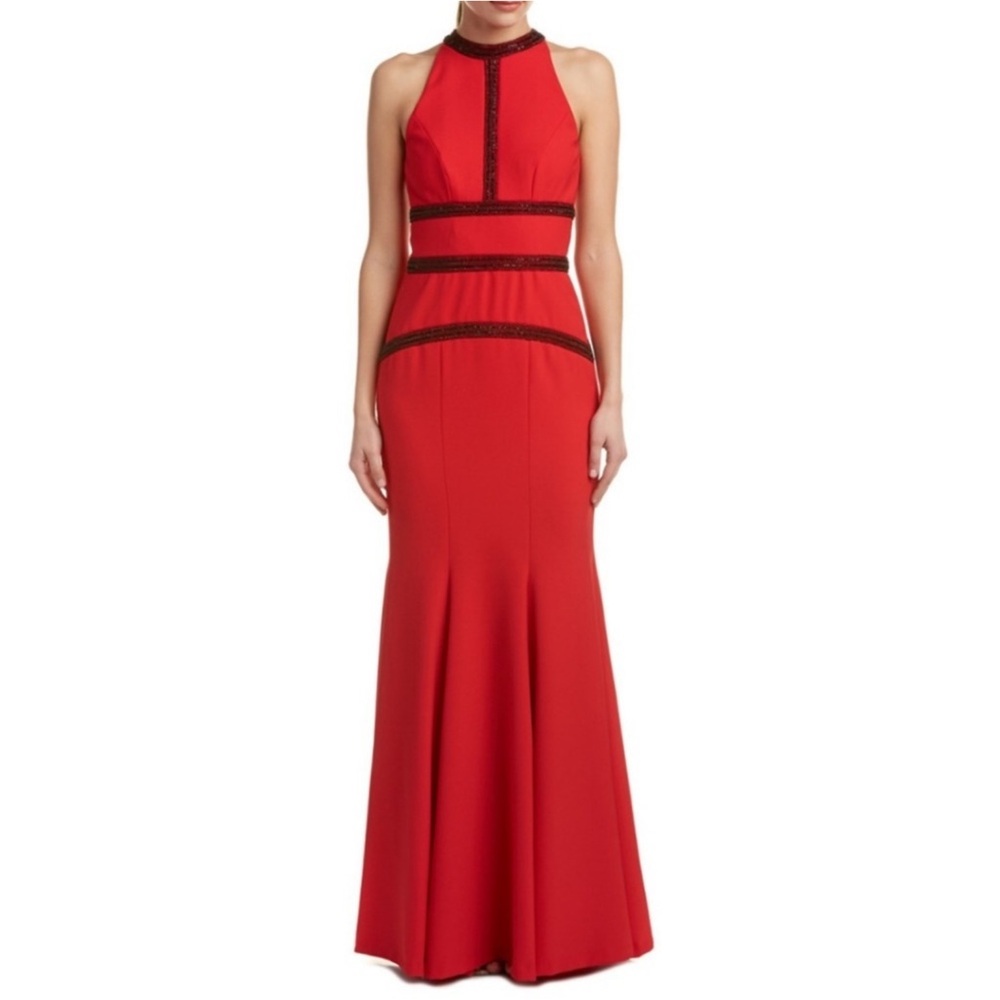 Nicole Miller Red Gown with Black Beading